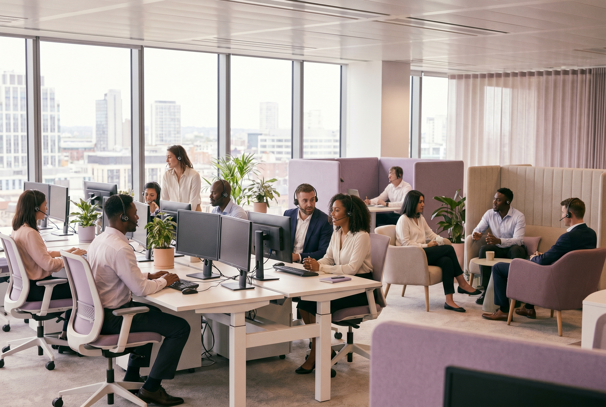 A busy BPO operations floor — service teams at workstations across an open office, the kind of headcount-driven operation that hires continuously.