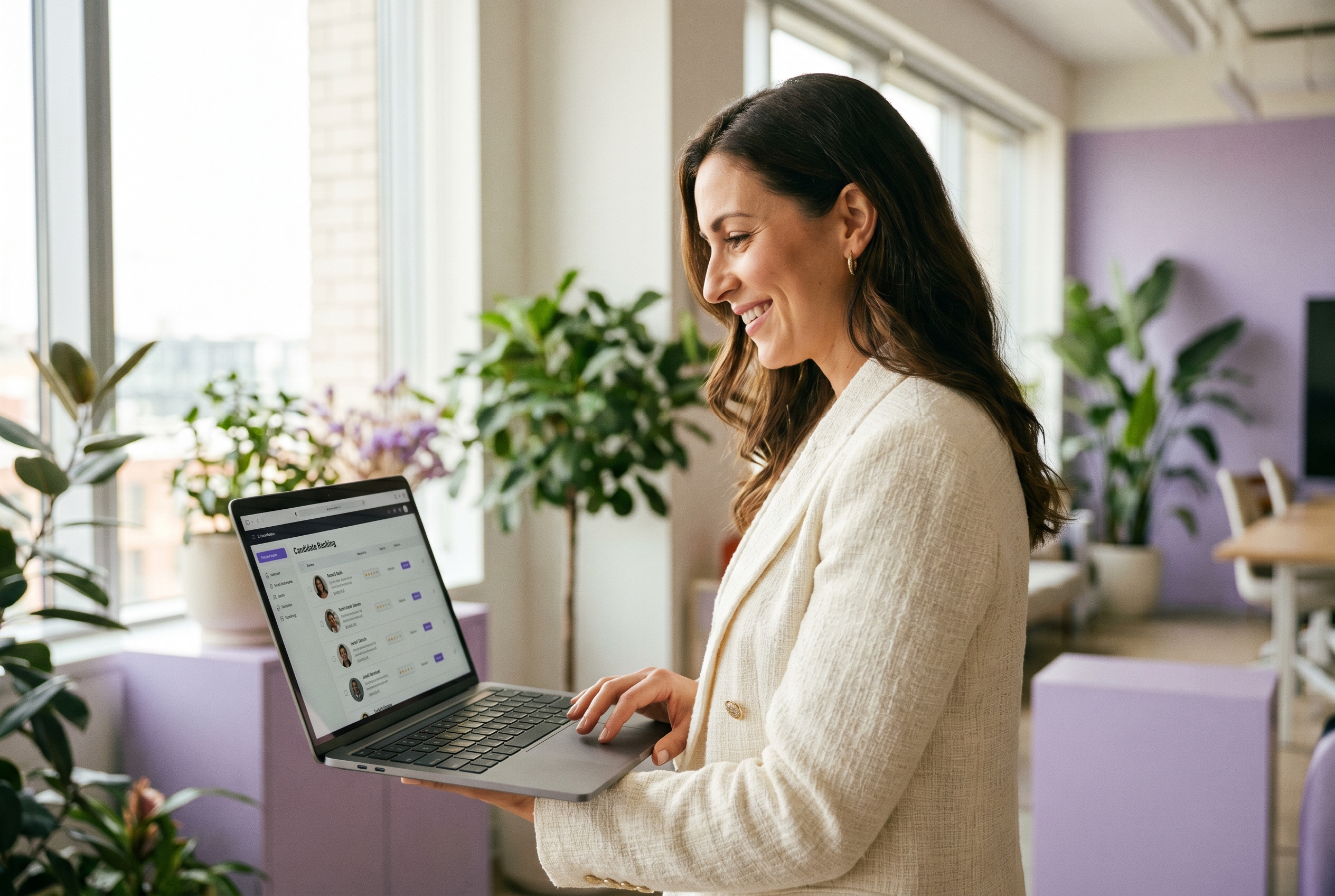 A recruiter working at a laptop, reviewing candidates without the manual phone-screen grind.